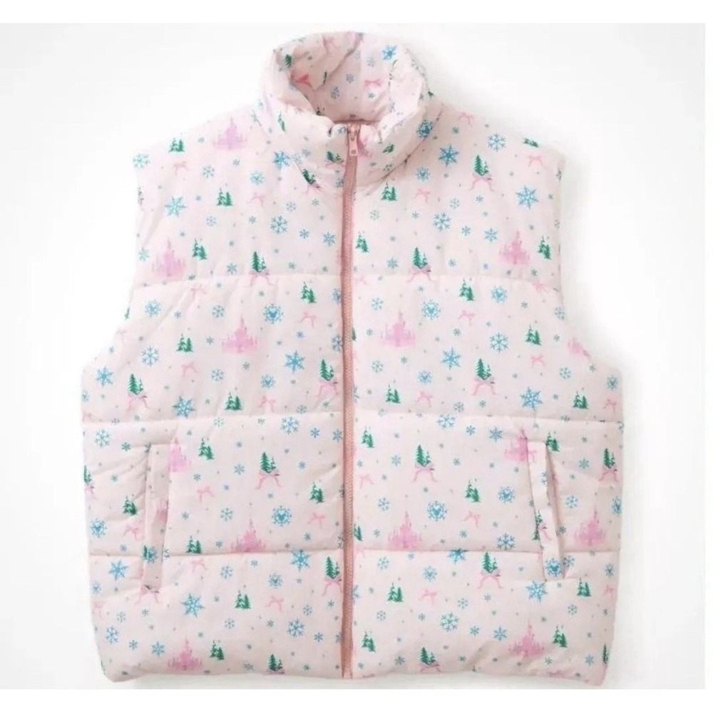 Disney Fantasyland Castle Bow Pink Holiday Christmas Puffer Vest Size Large NWT